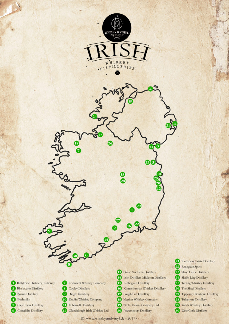 Karte: Irish Whiskey Destillerien -WHISKYKUNDE - Whisky & Vinyl